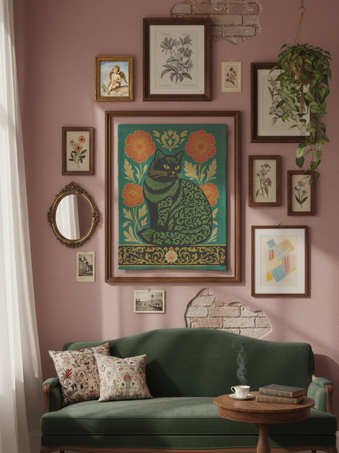 A rectangular woven wall tapestry featuring a stylized Art Nouveau black cat with intricate green scrollwork patterns on its body. The cat sits against a rich teal green background, flanked by two large, burnt-orange poppy flowers on golden stems. The design is symmetrical, with delicate botanical details. A decorative, ornate border in black, gold, and cream runs along the bottom. The textile has a visible, high-quality woven texture, blending polyester and cotton threads.